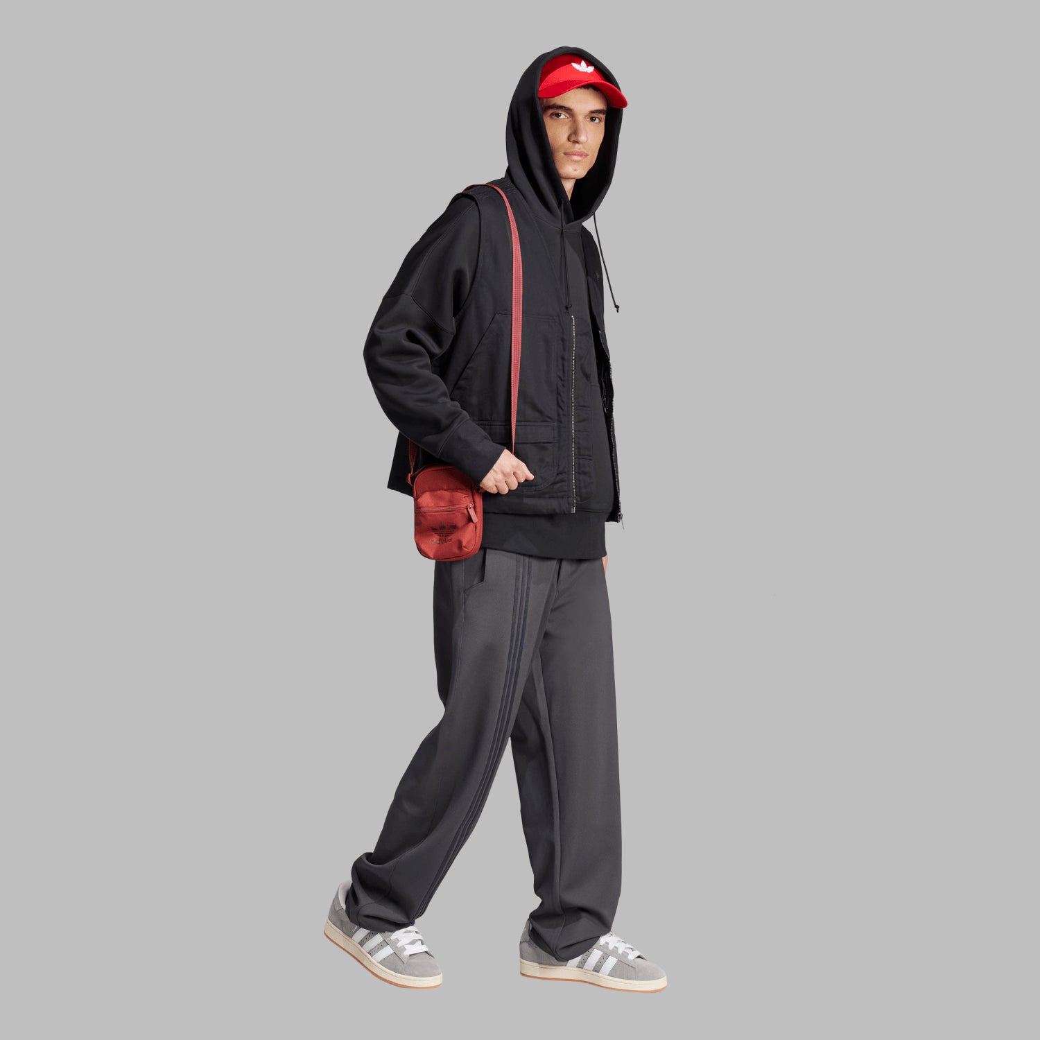 Front view of mens pullover hoodie with adjustable drawcord hood
