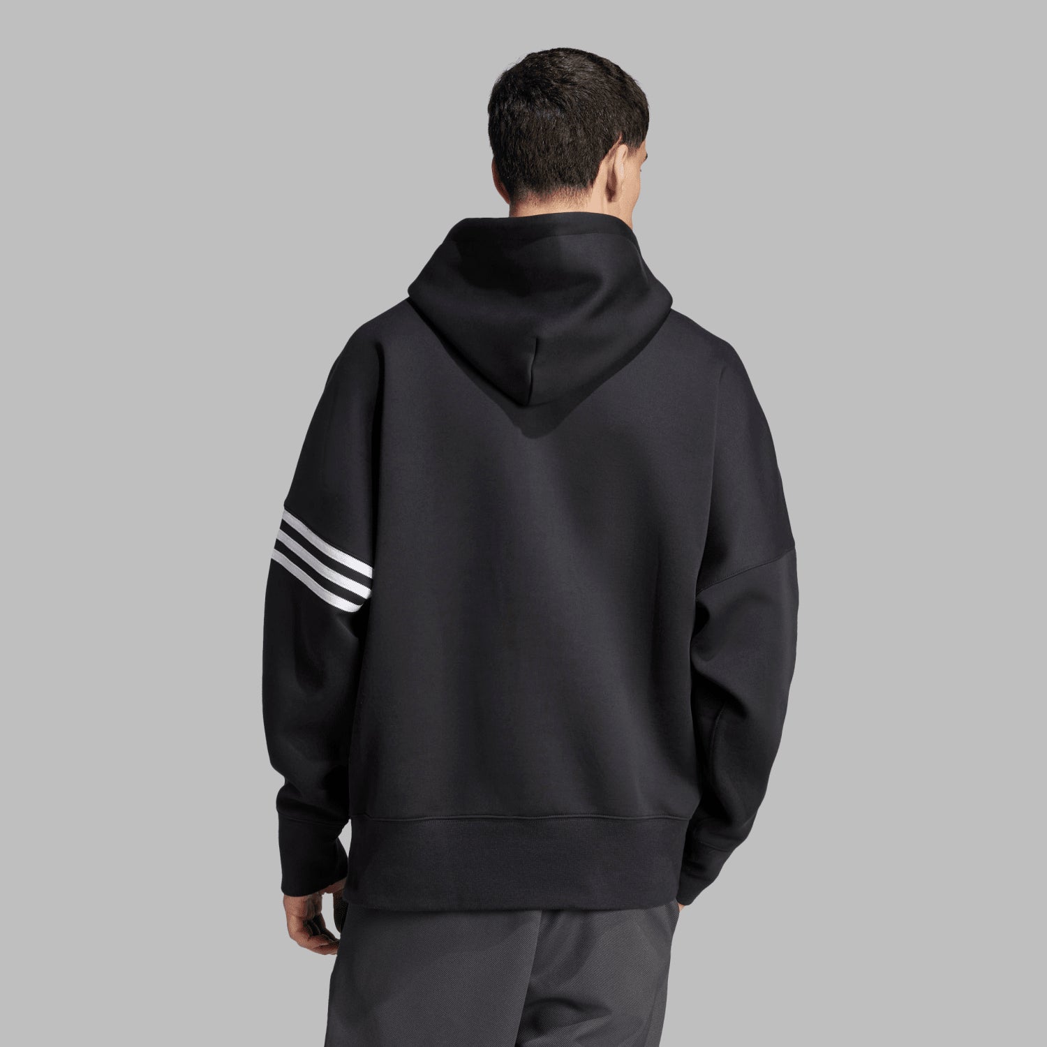 Front view of mens pullover hoodie with adjustable drawcord hood