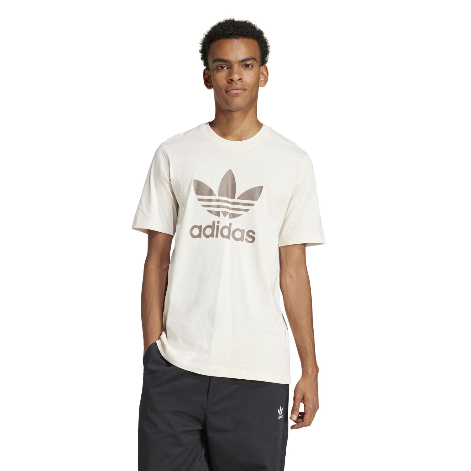 Side view of the Adidas t-shirt highlighting the ribbed crewneck and short sleeves.