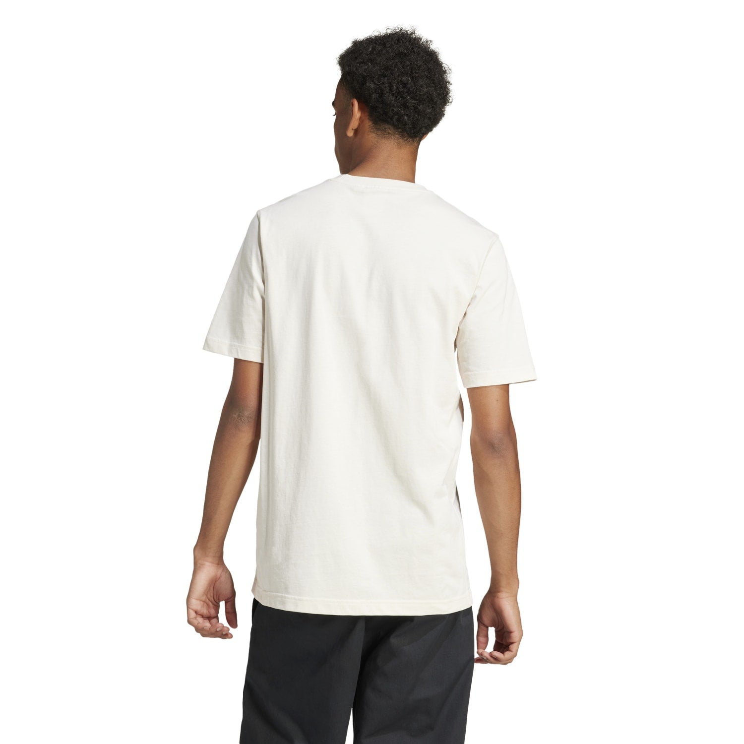 Model wearing the Adidas Trefoil t-shirt paired with shorts for a relaxed look.