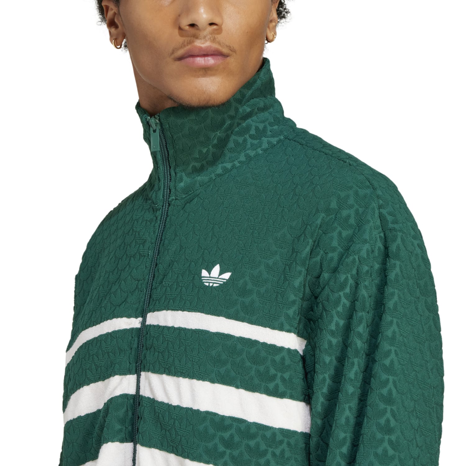 Mens lightweight sports jacket with adidas monogram pattern, front view