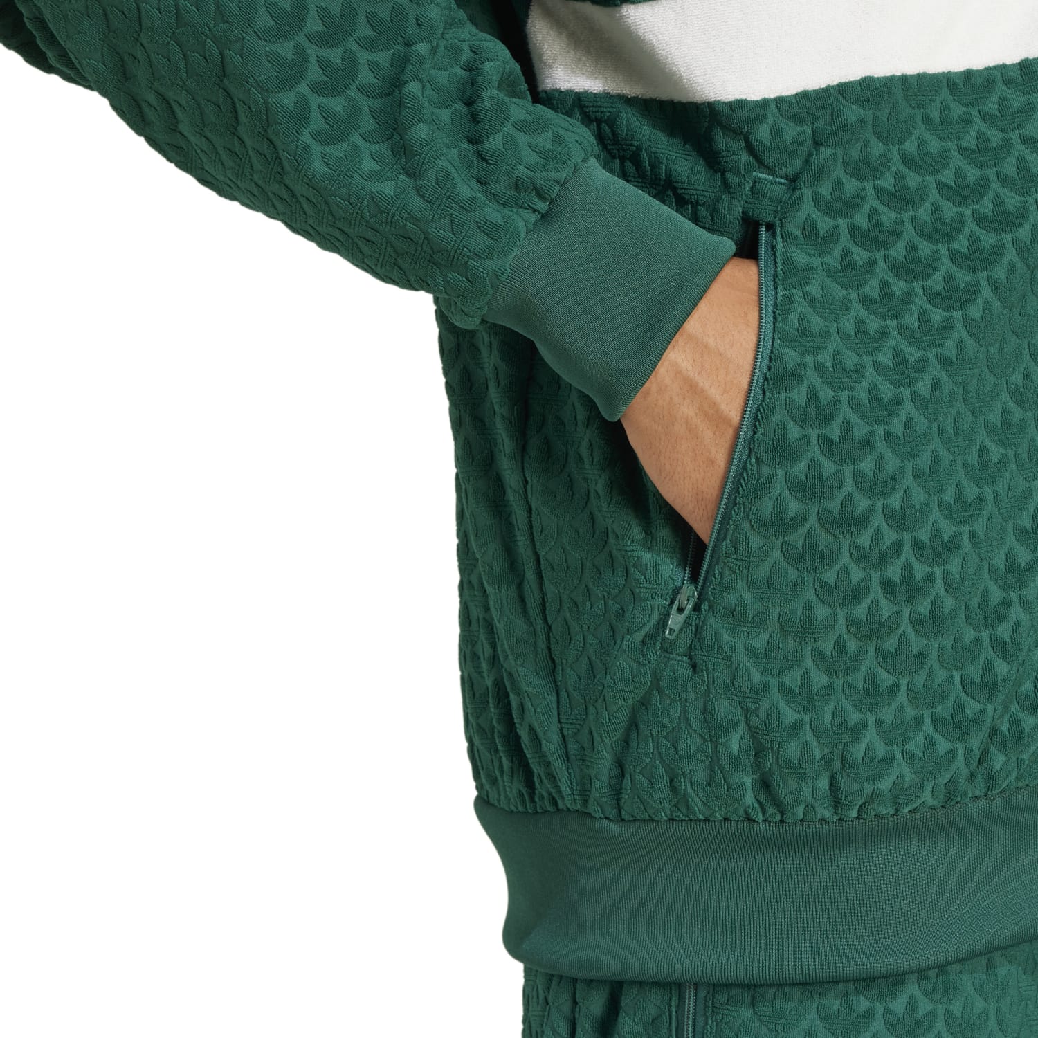 Side view of mens athletic jacket showing breathable fabric and relaxed fit