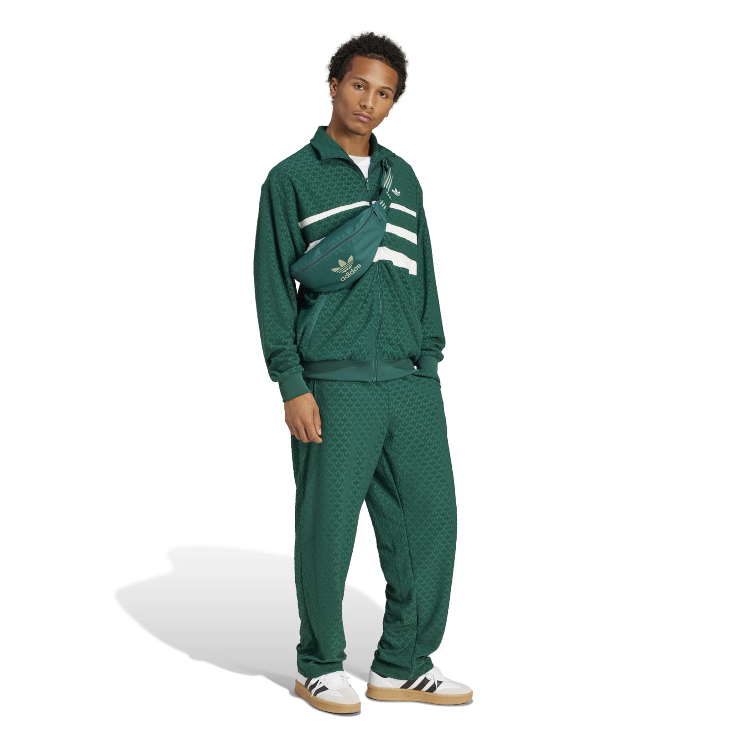 Back view of Adidas Classic Monogram Mens Track Pants highlighting the unique adidas pattern.