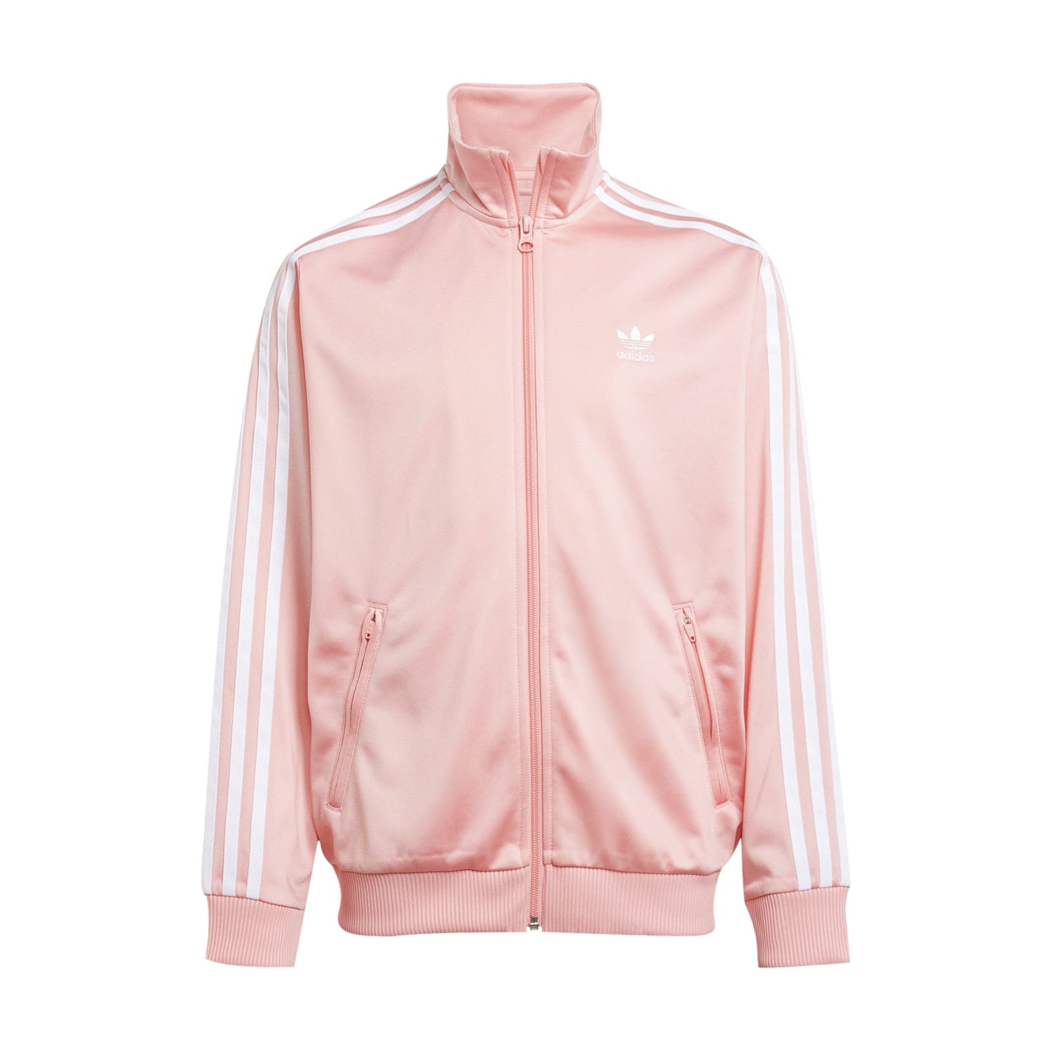 Front view of adidas youth track jacket with zip pockets and fold-down collar