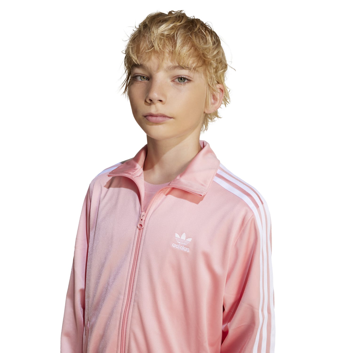 Front view of adidas youth track jacket with zip pockets and fold-down collar