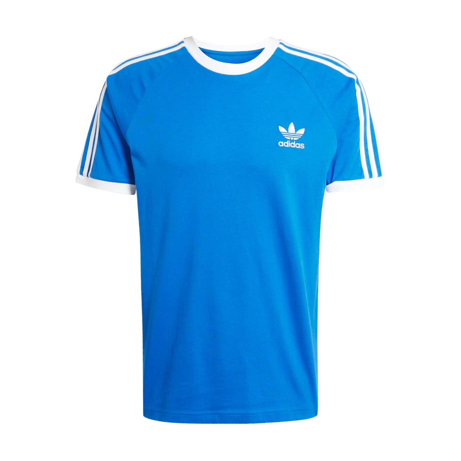 Close-up of adidas 3-stripe men's tee showing the contrast hem and embroidered logo