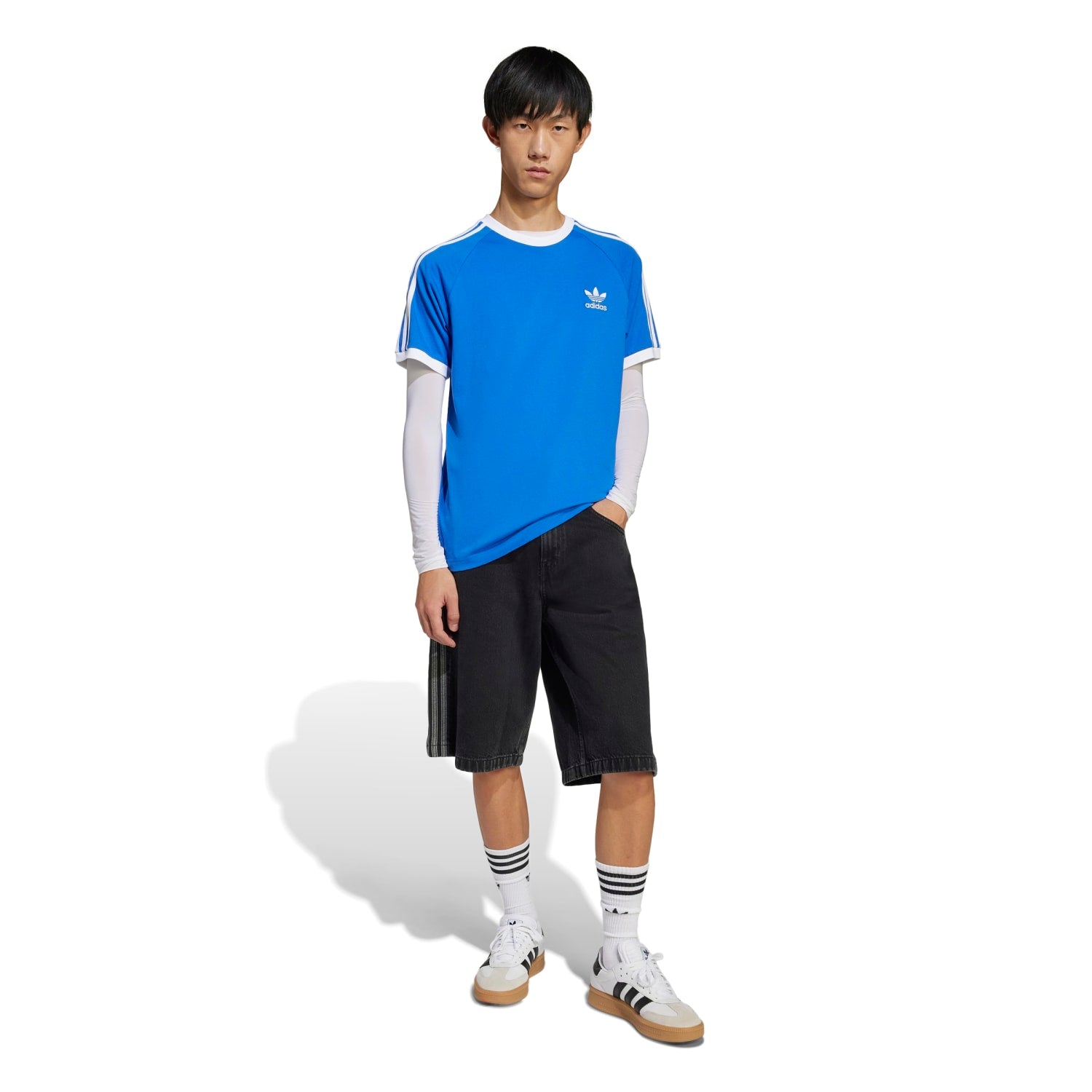 Front view of adidas mens tee highlighting the ribbed crewneck and shoulder stripes
