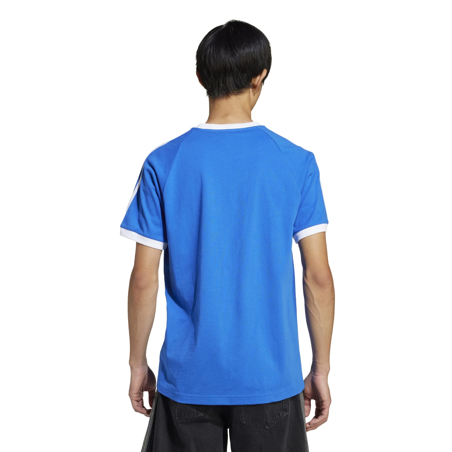 Front view of adidas mens tee highlighting the ribbed crewneck and shoulder stripes