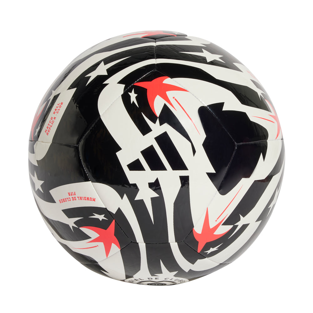 2025 FIFA Club World Cup ball lying on the center circle before kick-off, stadium lights gleaming on its seamless panels