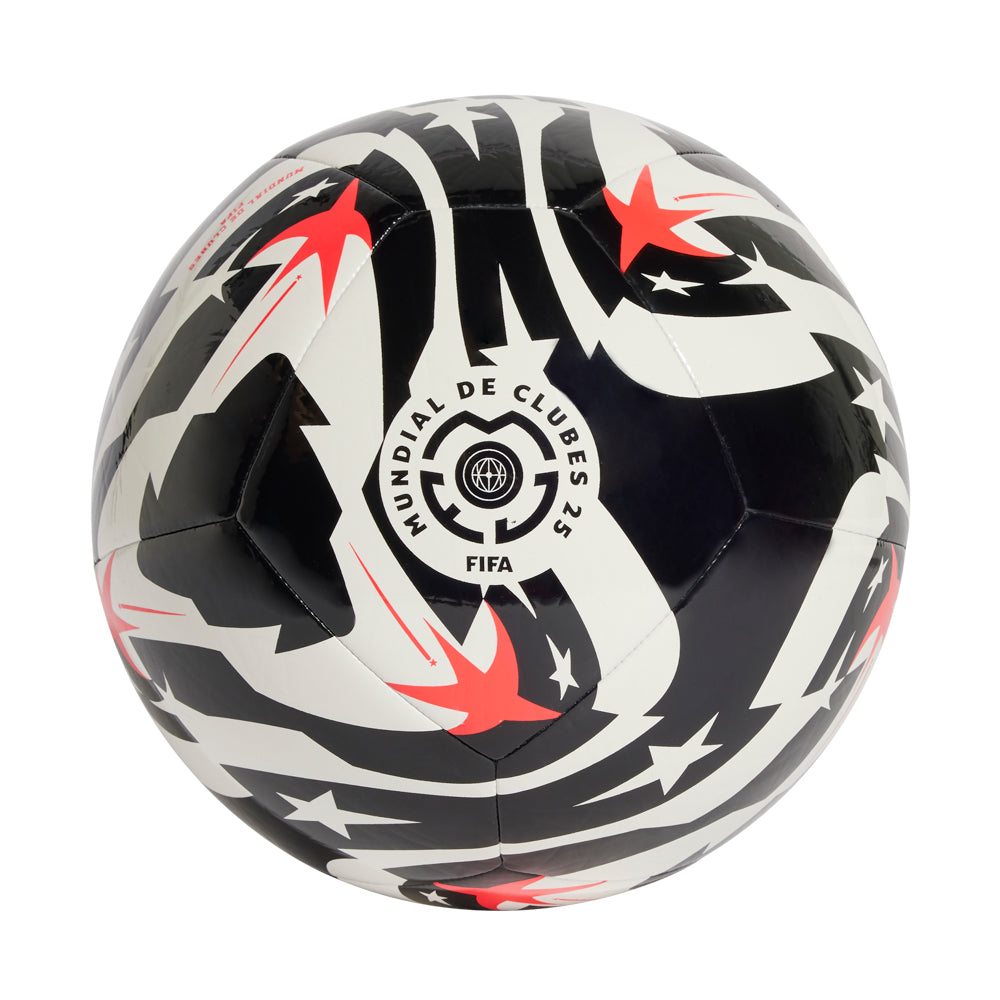 Close-up texture shot of official FIFA Club World Cup ball micro-textured PU skin and tournament logo