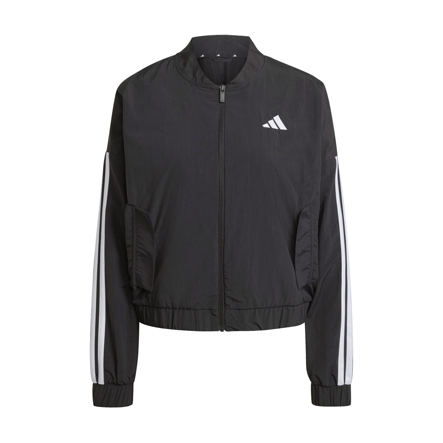 Front view of eco-friendly women's recycled bomber jacket showing the adidas three-stripe logo