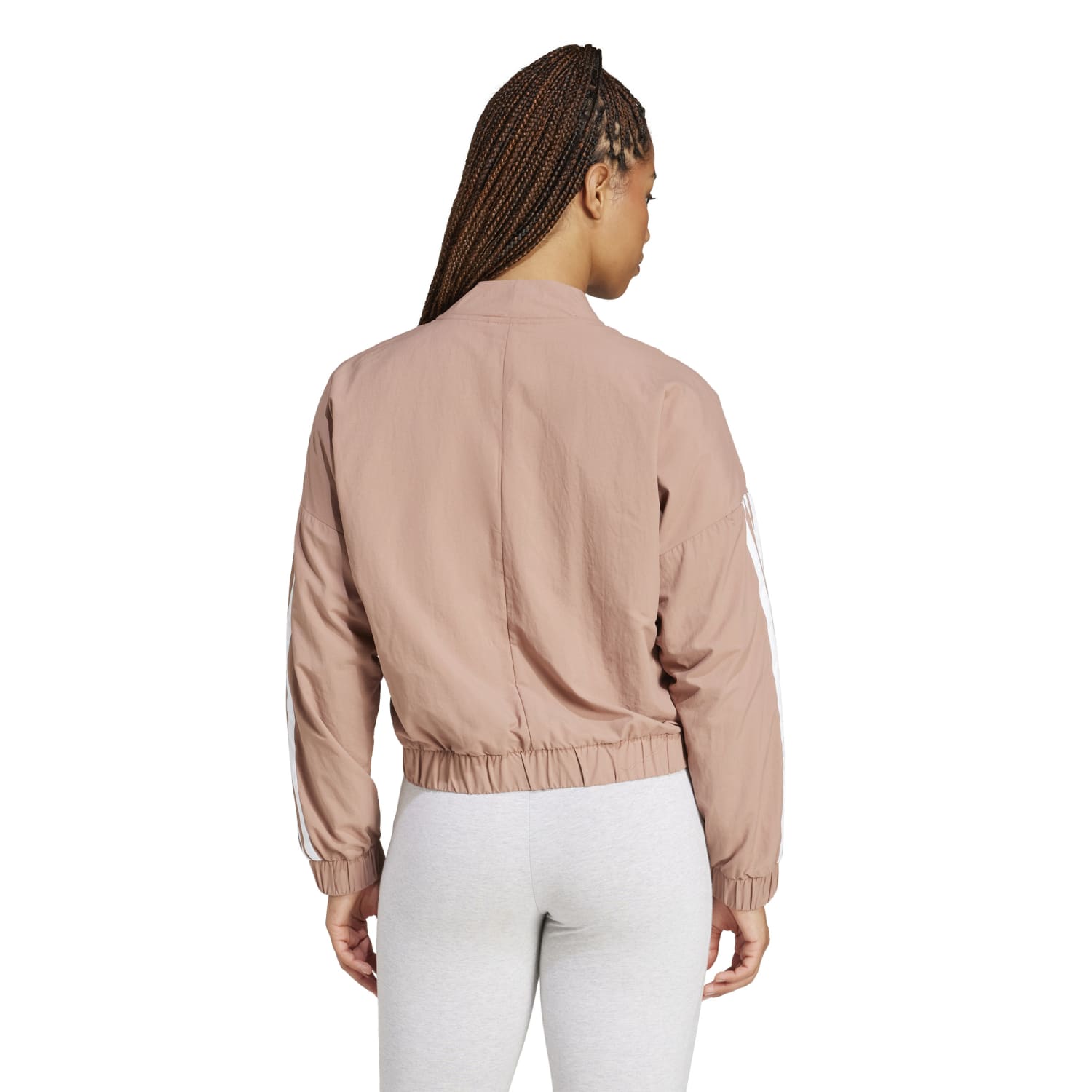 Athletic bomber jacket for women, made from 100% recycled material, suitable for breezy spring days.