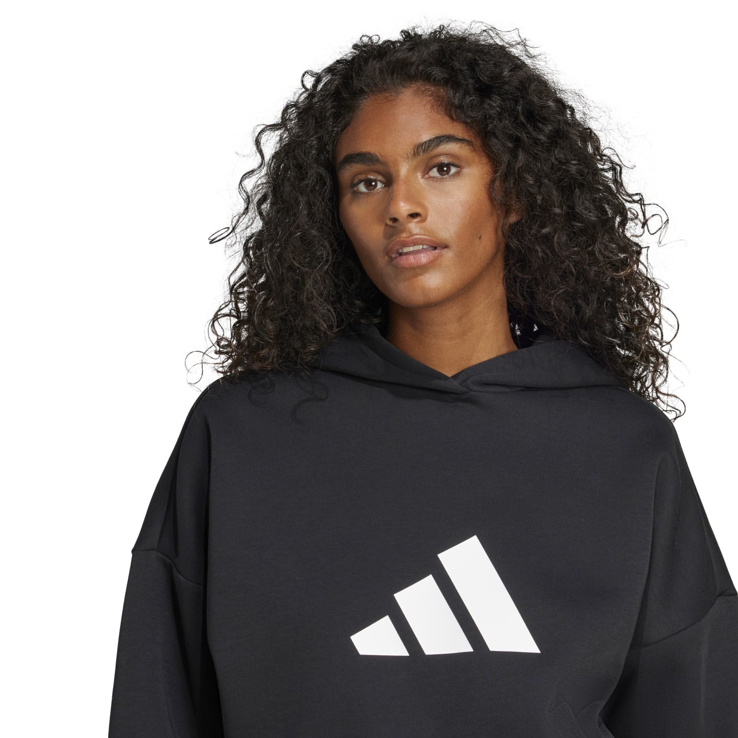 Front view of adidas womens hoodie with three stripes and trefoil logo