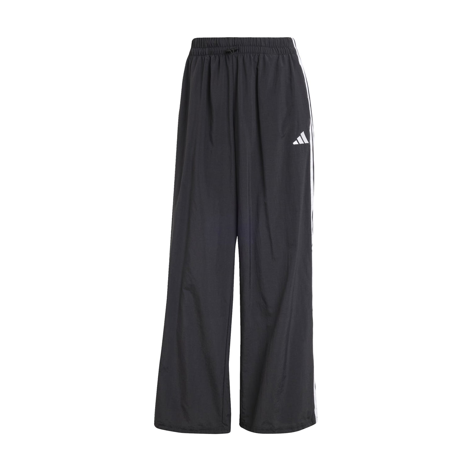Front view of women's Adidas parachute pants showcasing wide leg design.