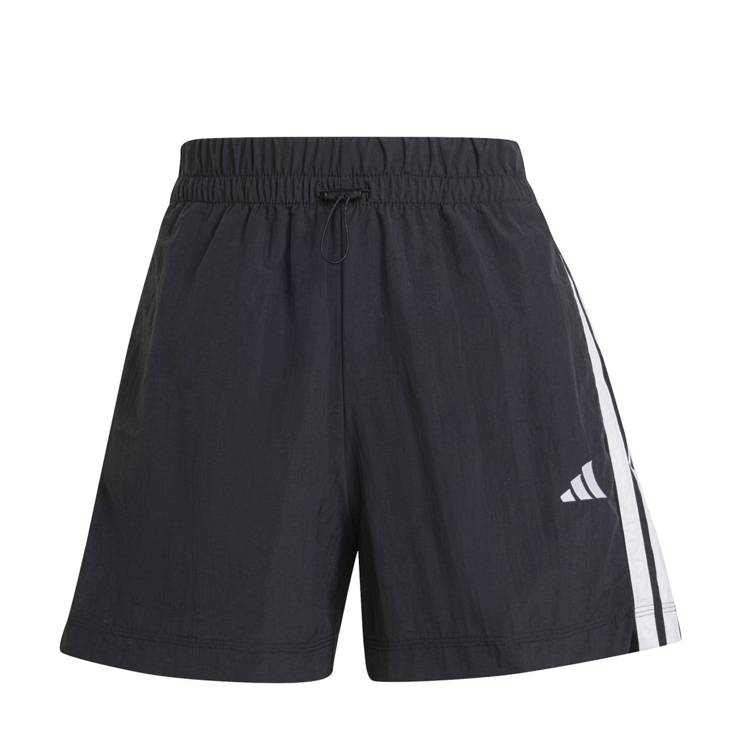 Front view of Adidas Women's High-Rise 3-Stripe Athletic Shorts, showcasing the breathable fabric and stylish design.
