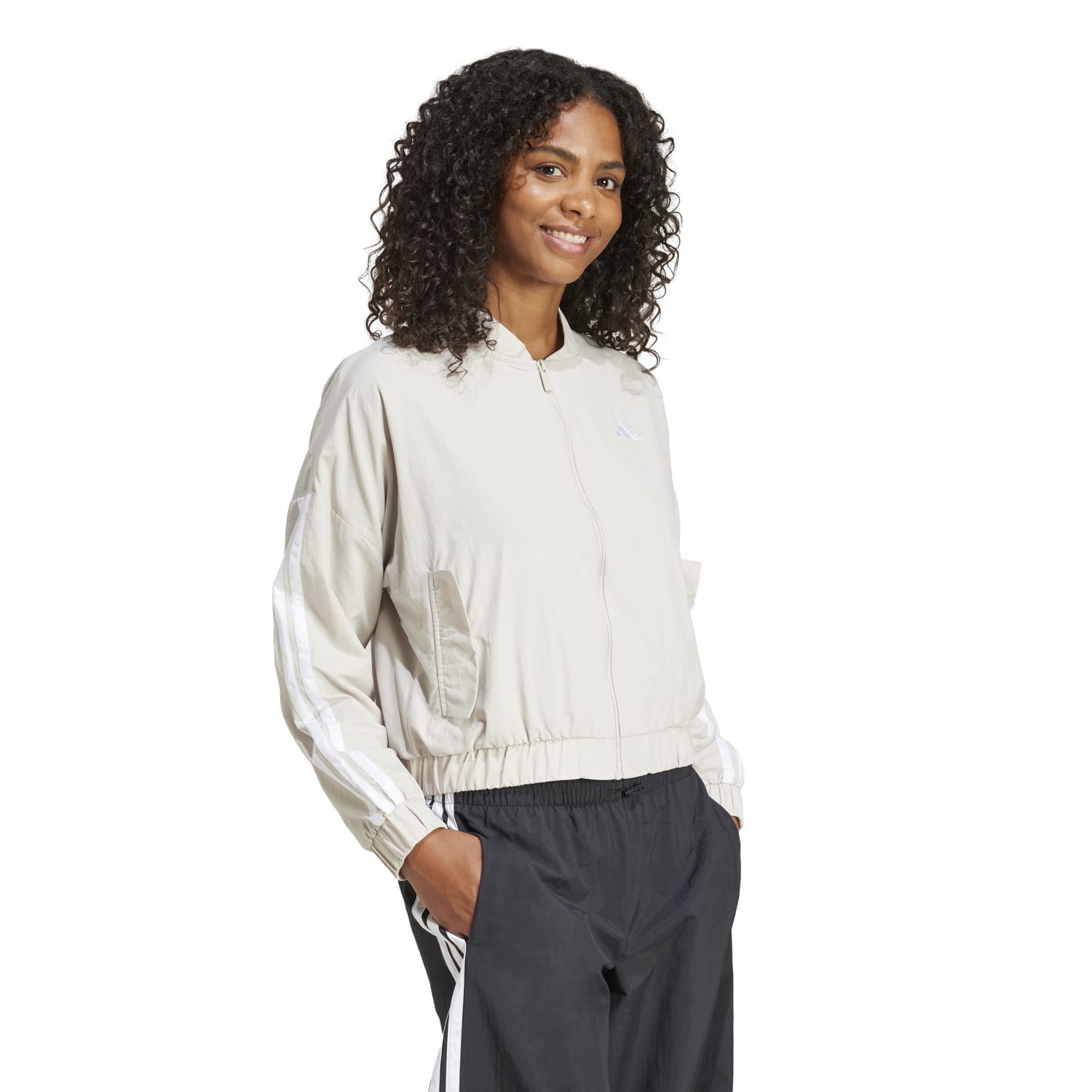 Back view highlighting the stylish striped design of the womens jacket.