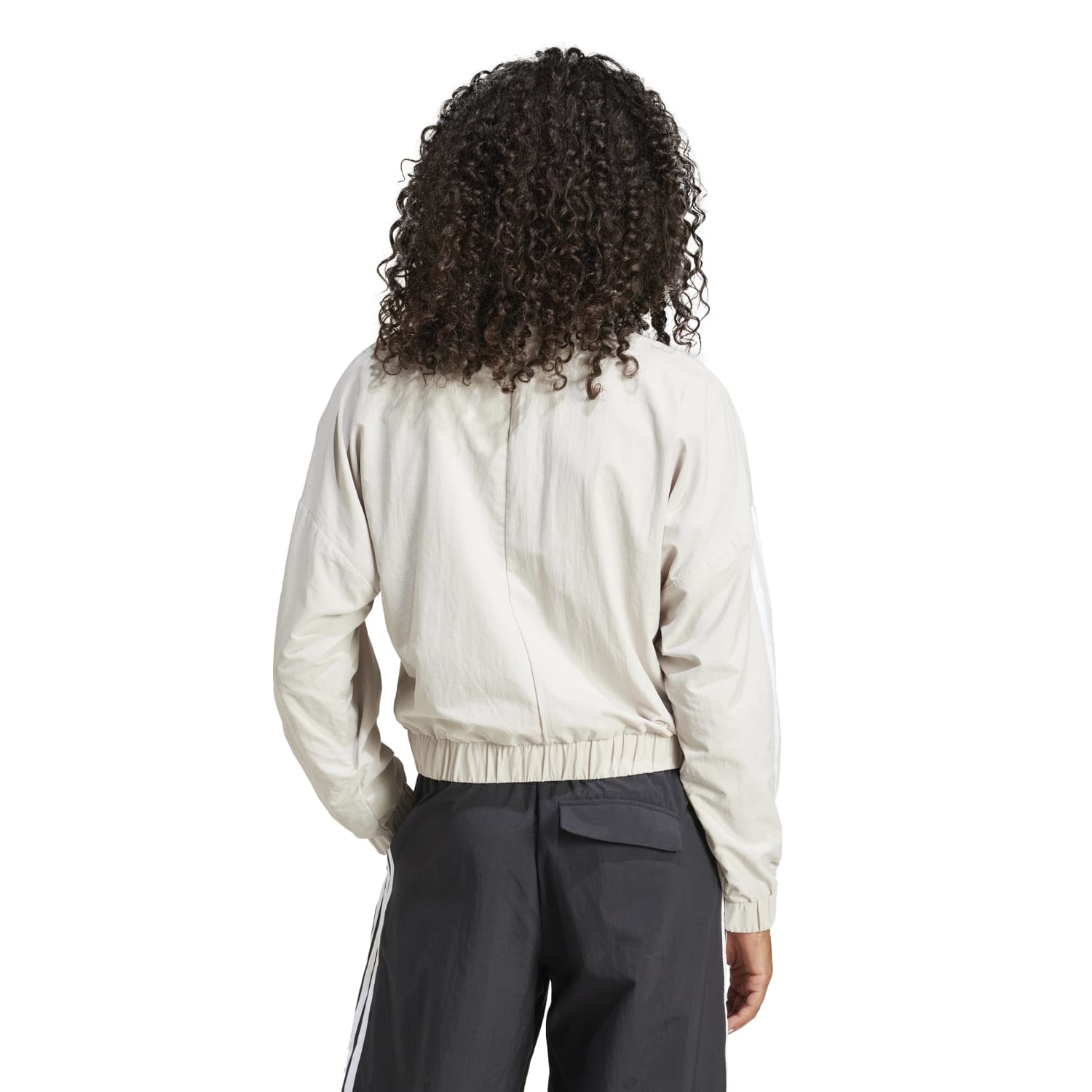 Back view highlighting the stylish striped design of the womens jacket.