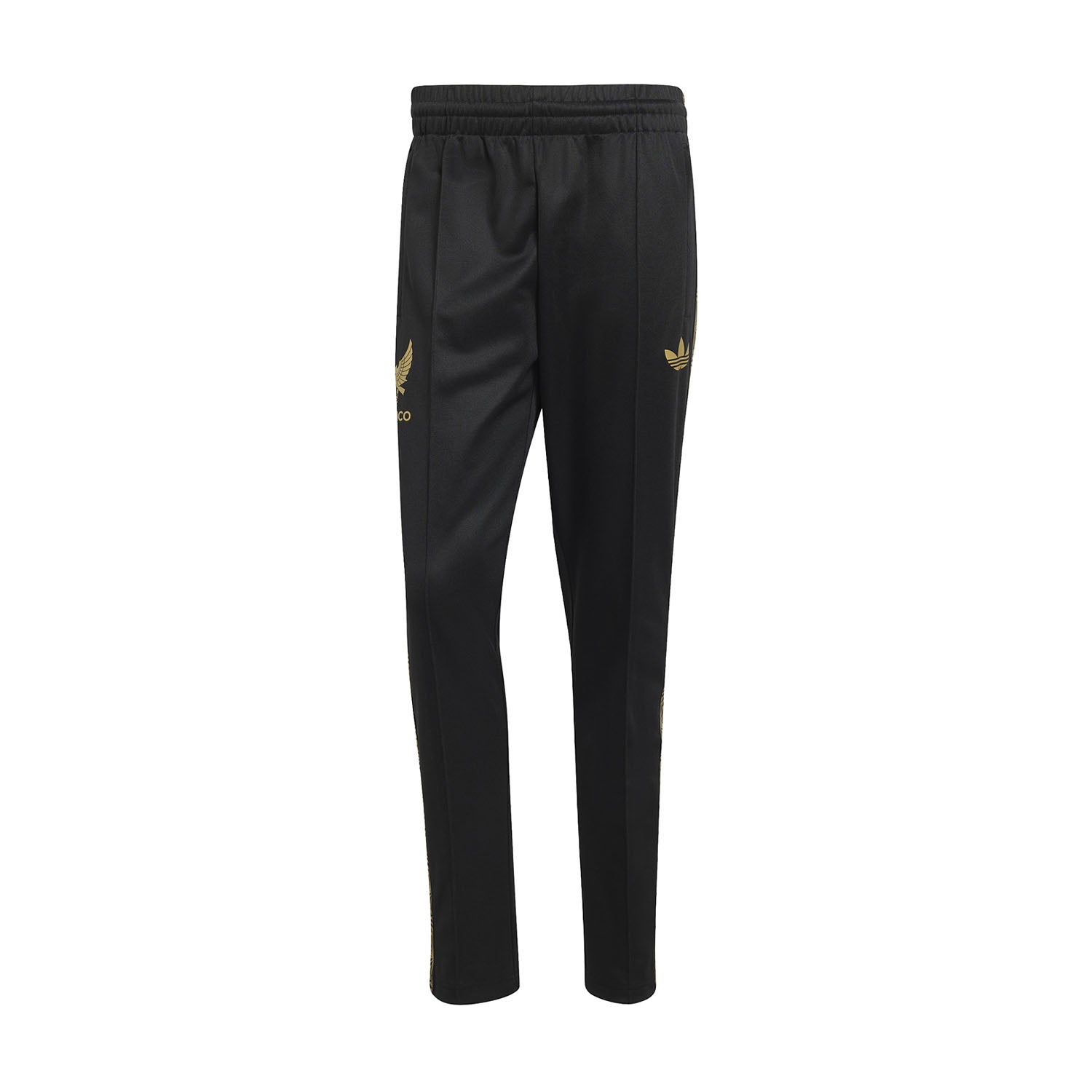 Adidas Mexico Culturewear Track Pants in gold, featuring the team crest and a slim fit design in a game setting.