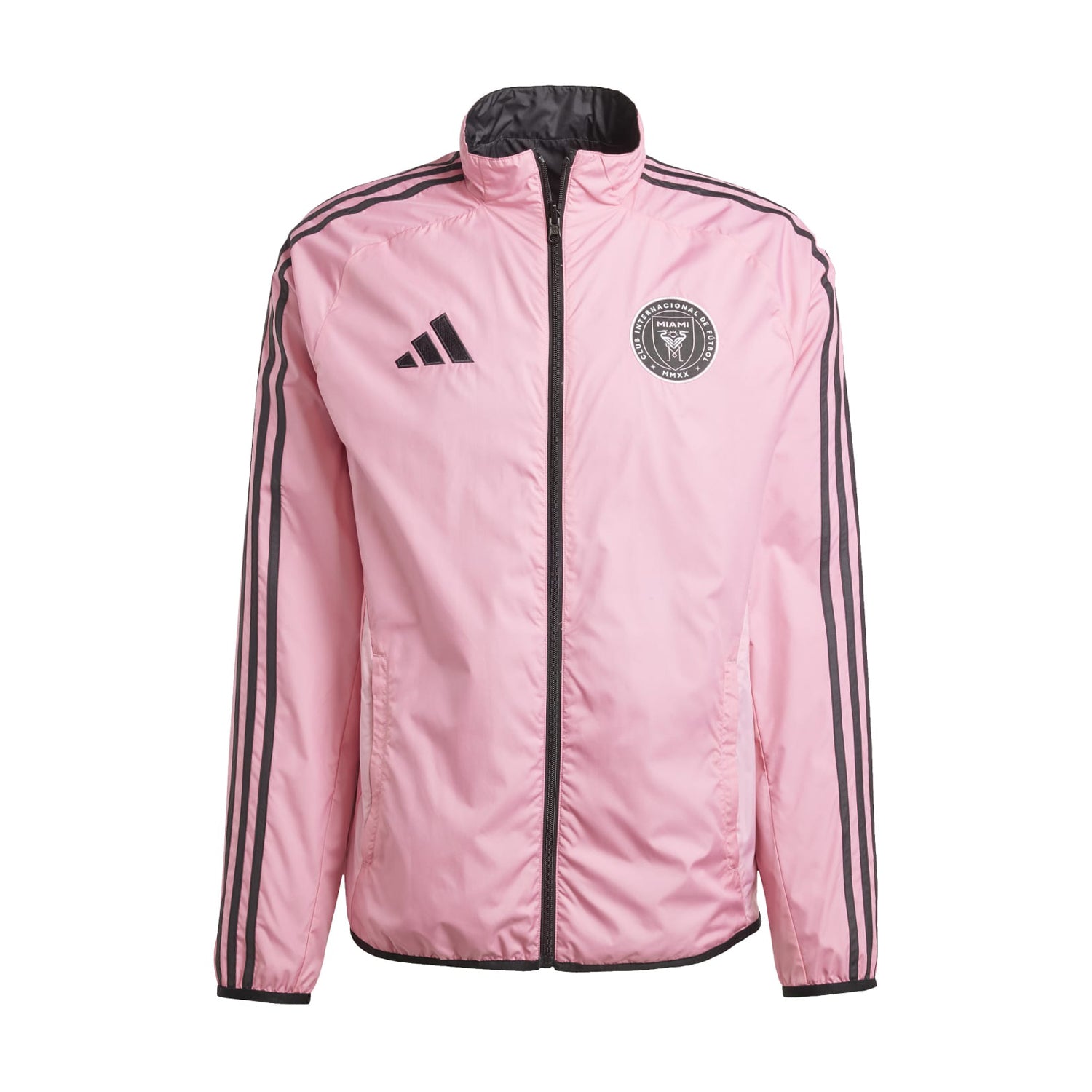 Front view of Inter Miami jacket showing crest and zip-up detailing