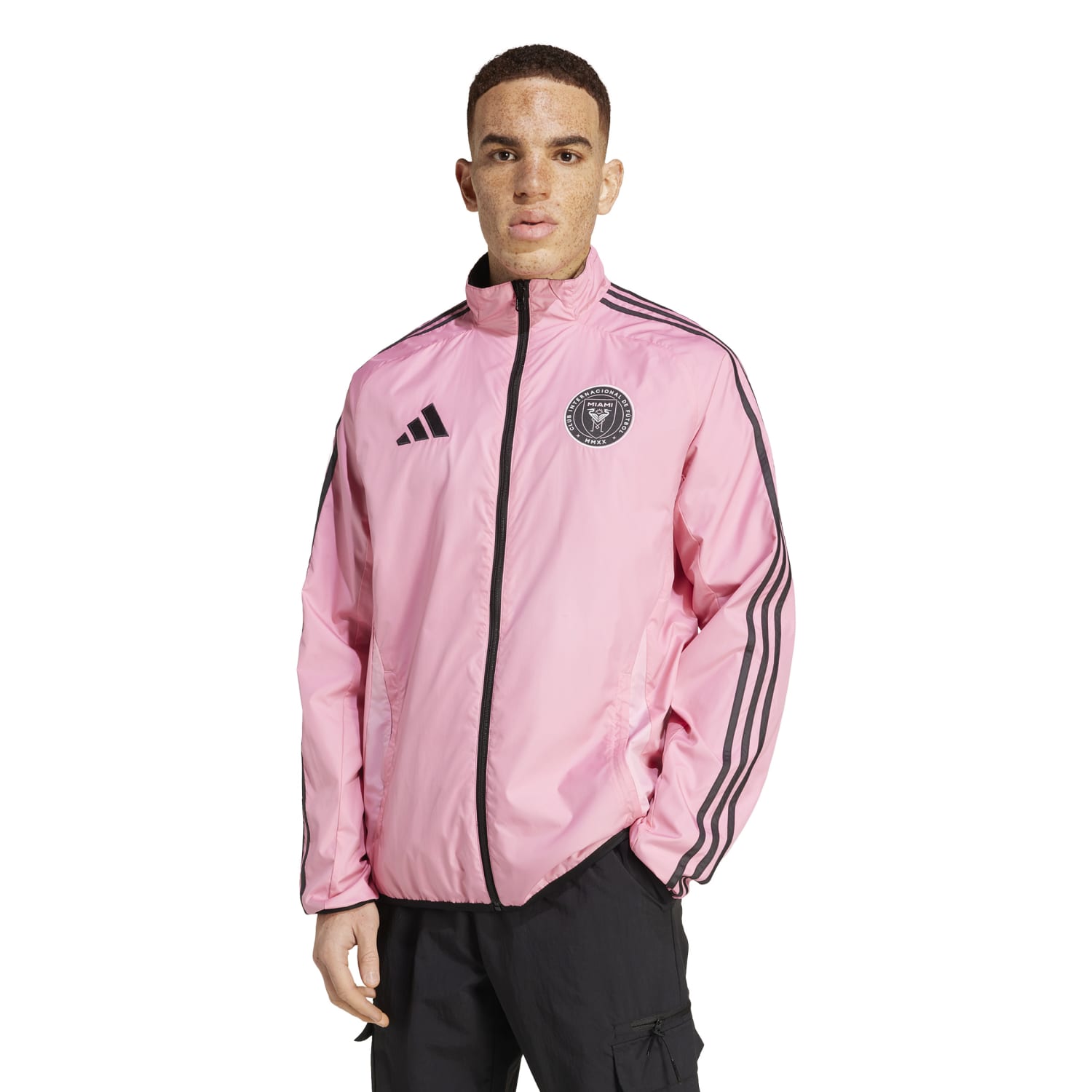 Front view of Inter Miami jacket showing crest and zip-up detailing