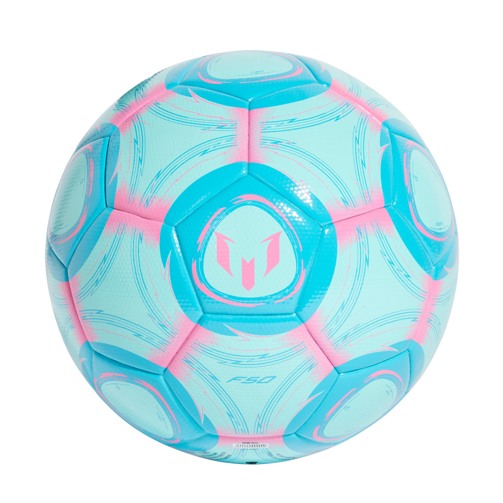 Close-up of the Messi soccer ball showing its vibrant colors and branding