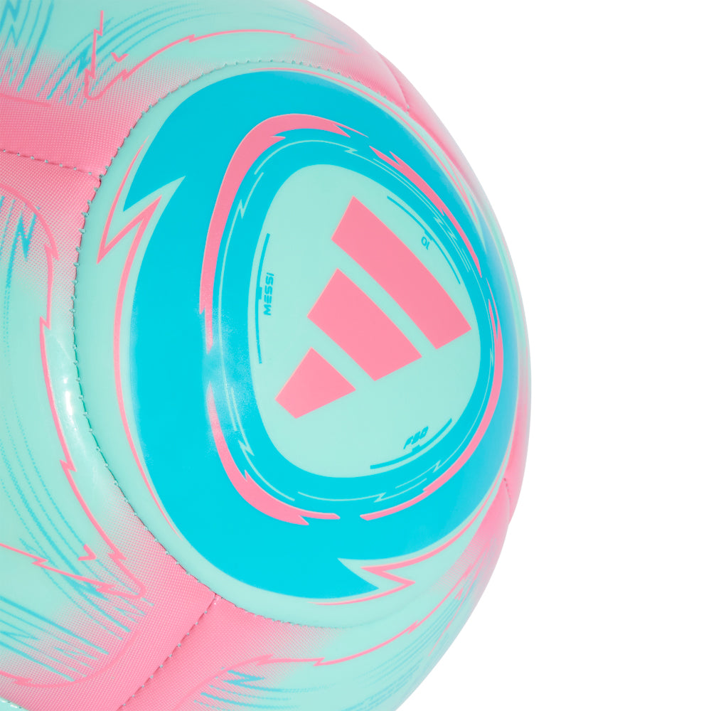 Front view of adidas Messi football showing stitched construction and vibrant design