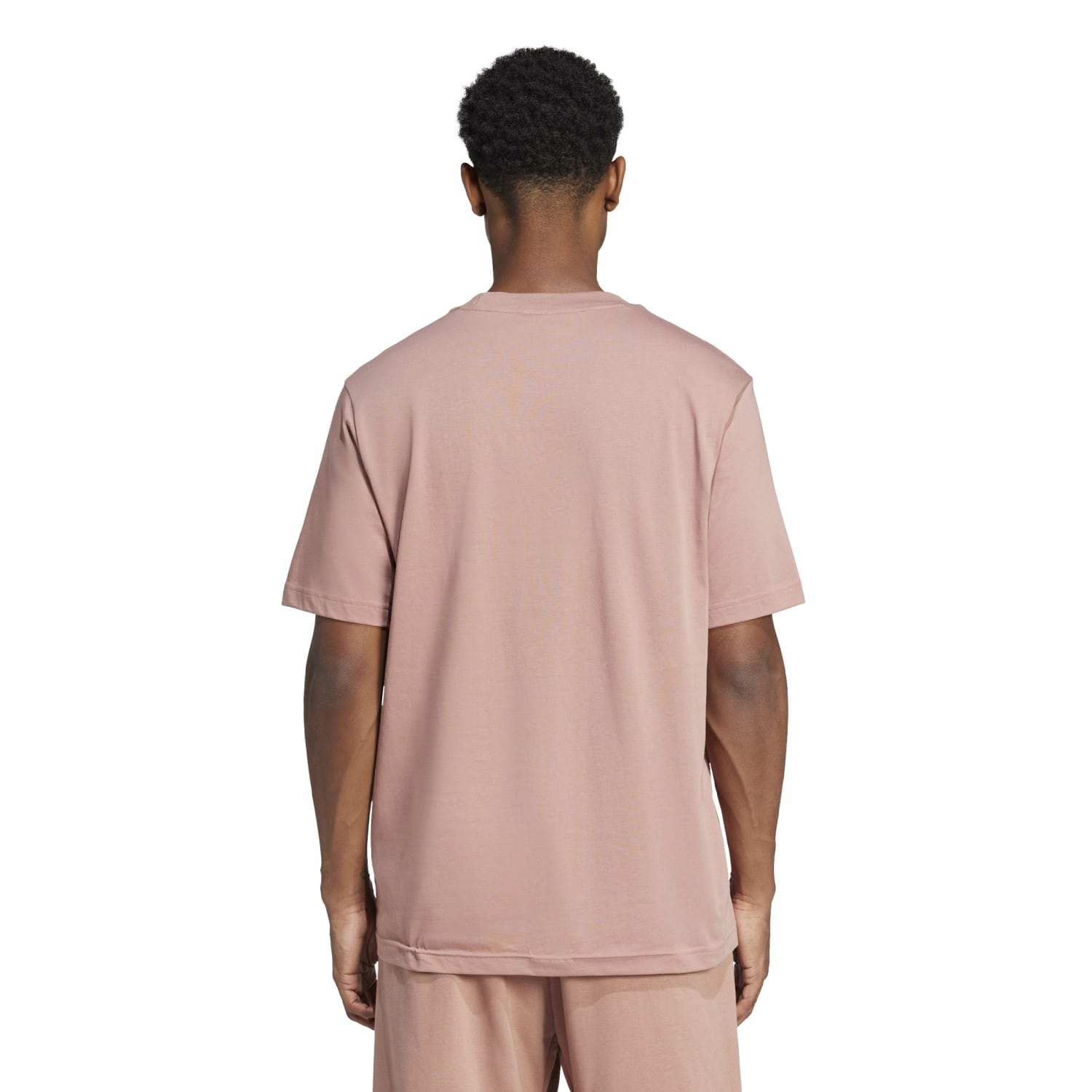 Close-up of ribbed crewneck and breathable cotton fabric on mens adidas gym t shirt