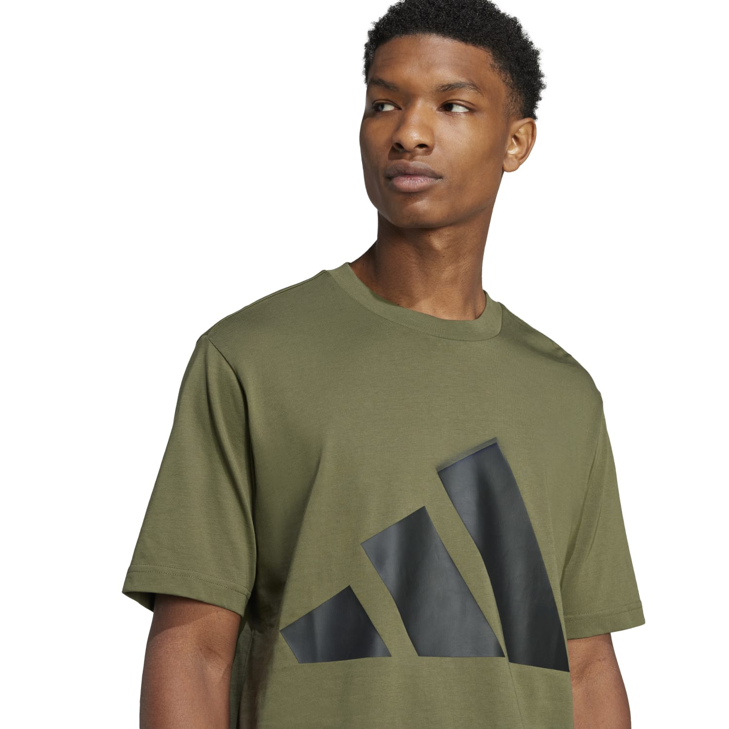 Front view of Adidas mens 100% cotton crewneck tee displaying the iconic Badge of Sport.