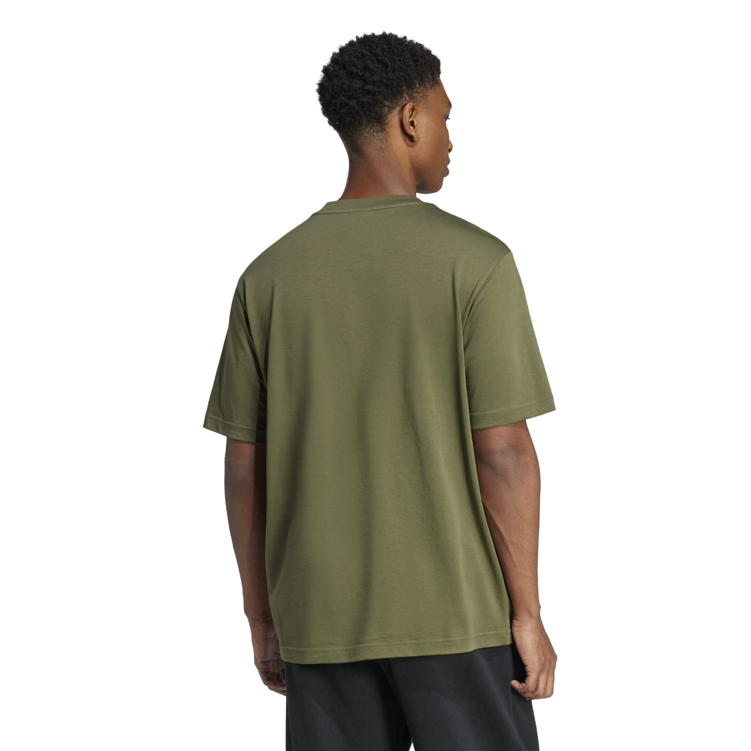 Side angle of the Adidas mens cotton tee, ideal for showcasing its regular fit and ribbed crewneck.