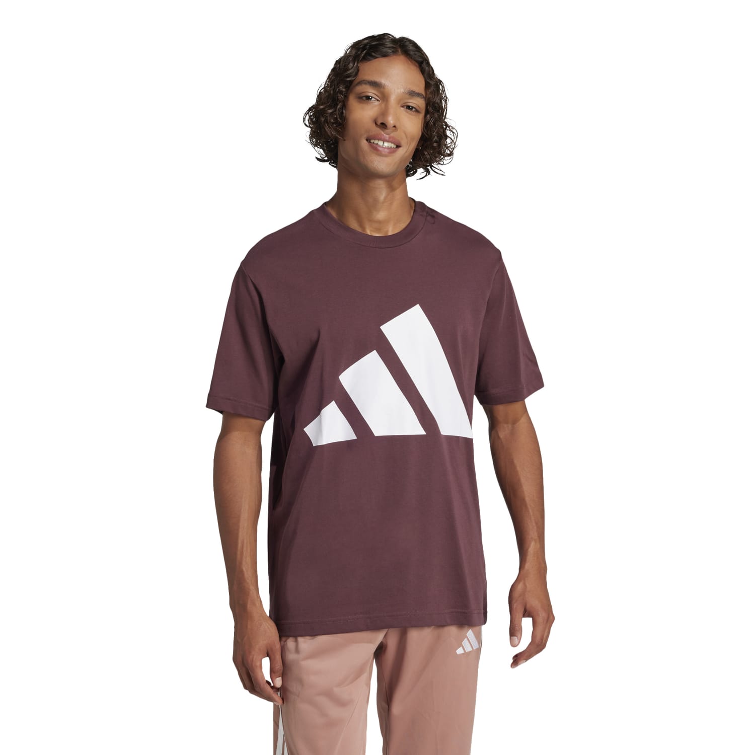 Side angle of the mens cotton t-shirt with logo design styled for everyday use