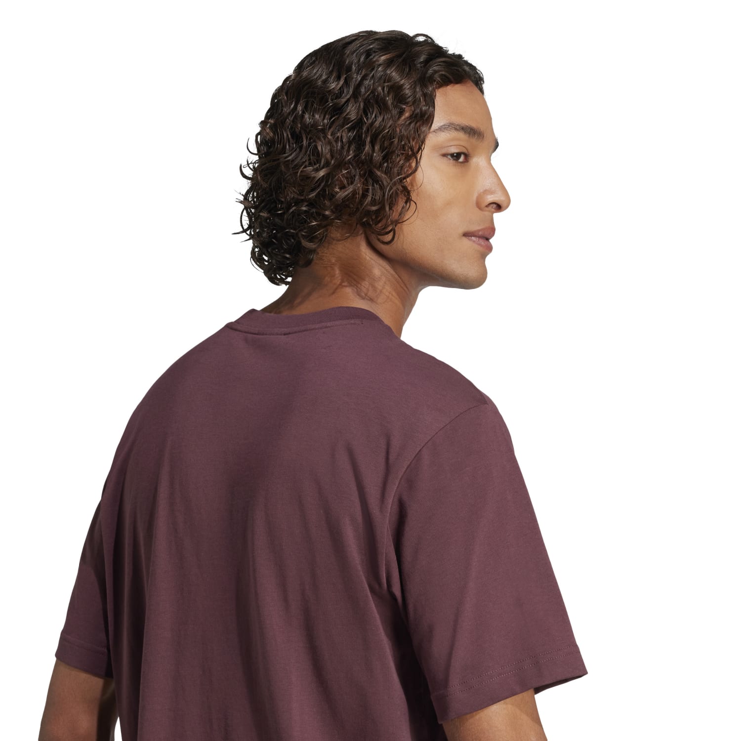 Side angle of the mens cotton t-shirt with logo design styled for everyday use