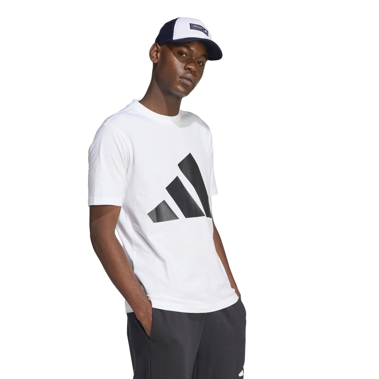 Front view of mens cotton sports tee with adidas Badge of Sport logo