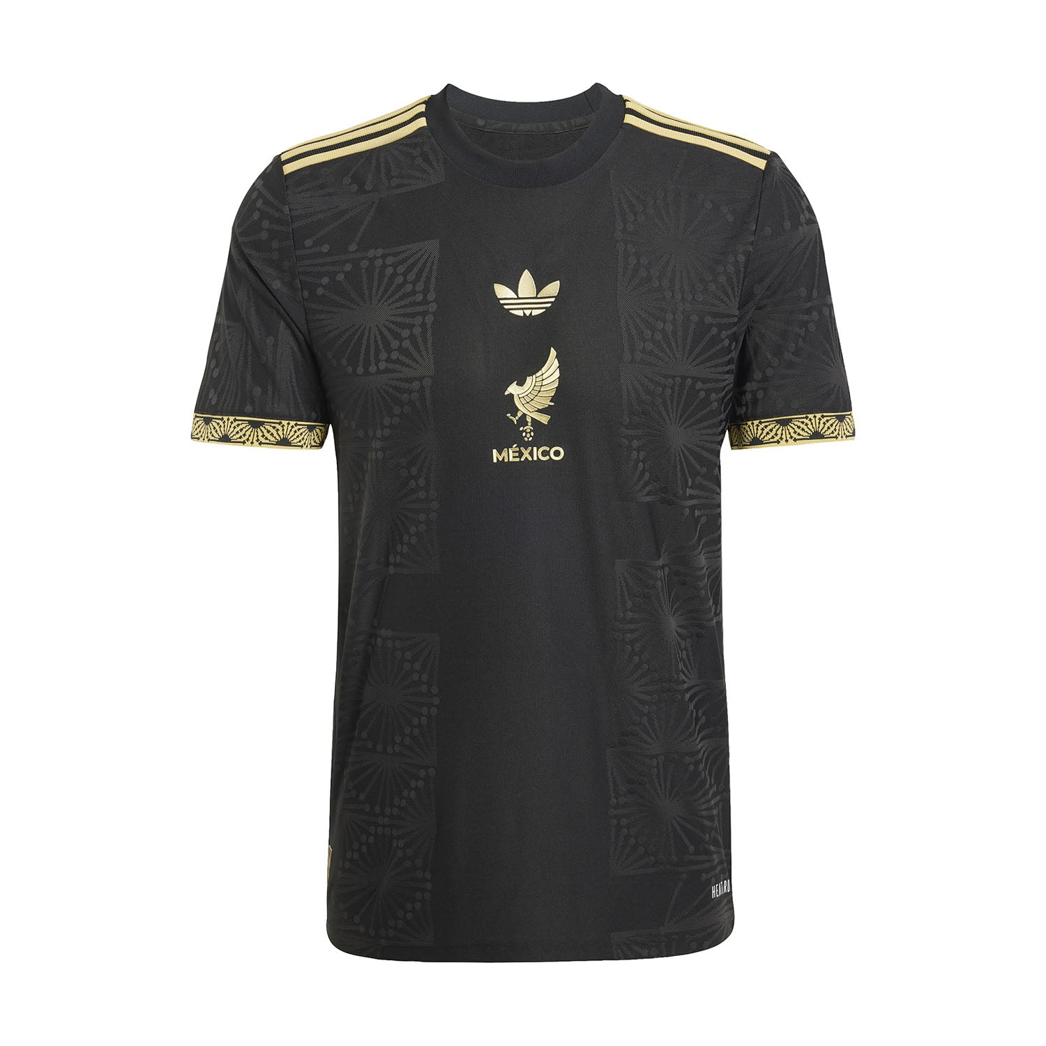 Front view of the Adidas Mexico Gold jersey for men, highlighting the gold details and team crest.