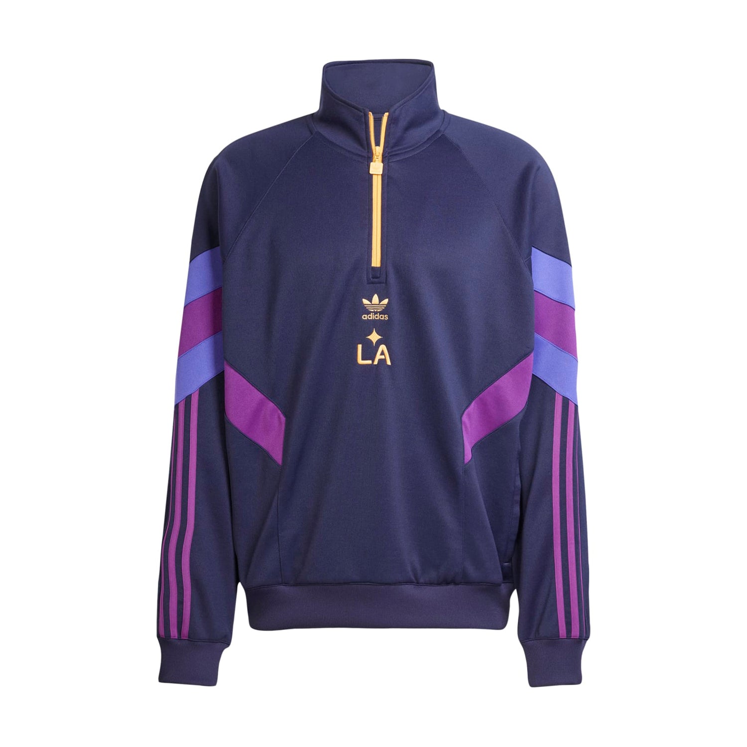 Front view of men's relaxed fit sports jacket with team logo and long sleeves