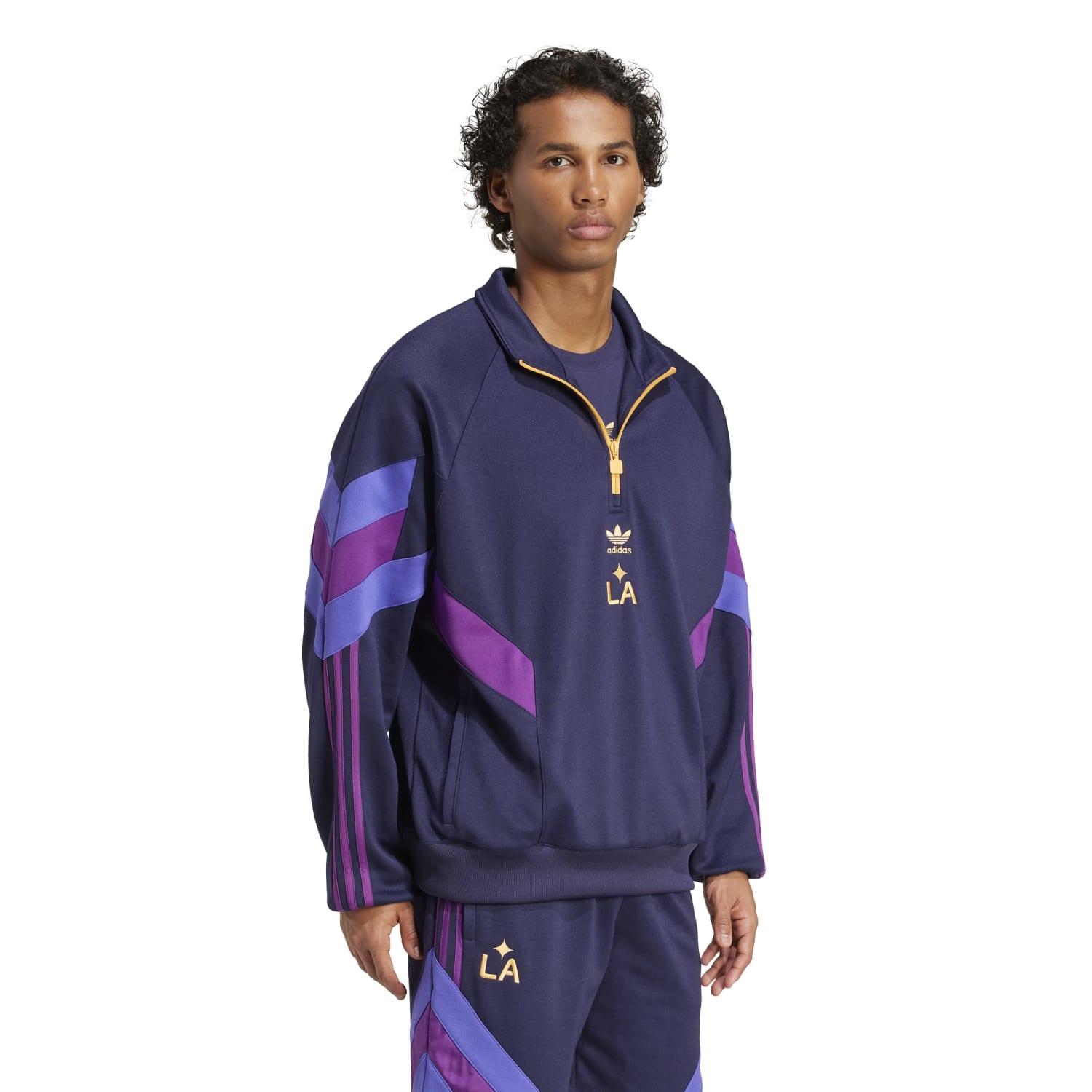 Front view of mens relaxed fit sports jacket with team logo and long sleeves