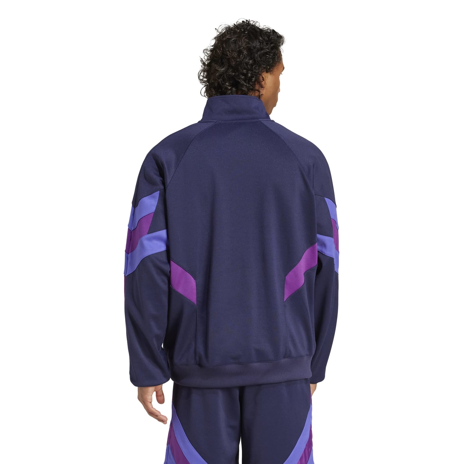 Front view of mens relaxed fit sports jacket with team logo and long sleeves
