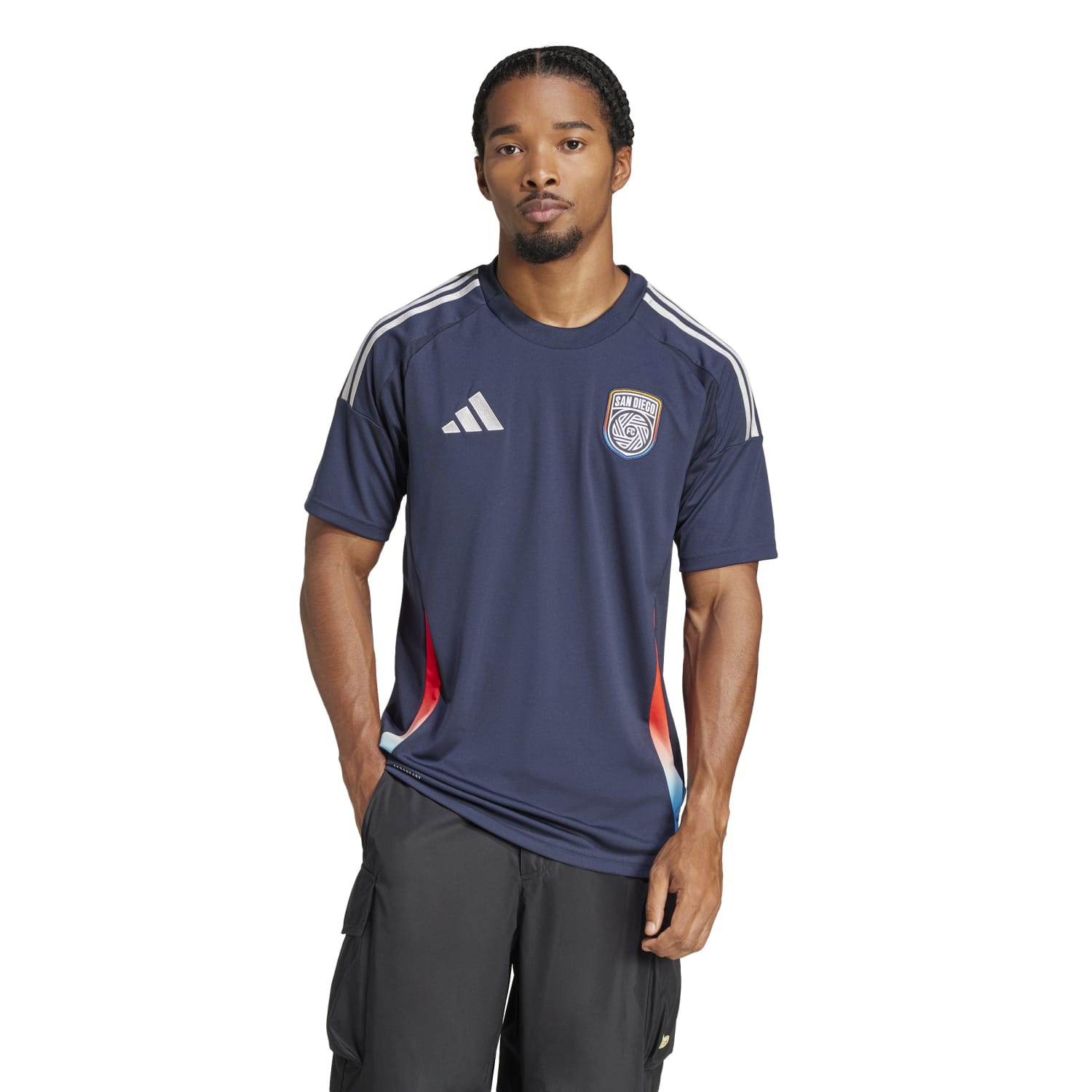 Close-up of the jersey fabric with adidas stripes and sweat-wicking technology