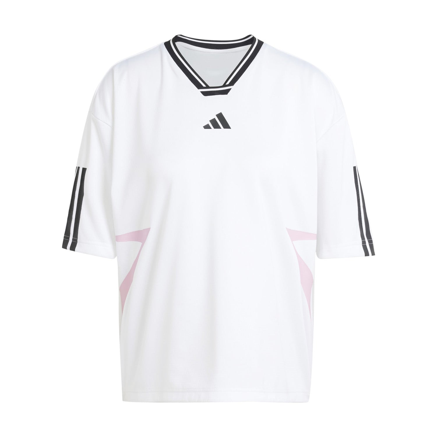 Close-up of adidas Tiro colorblock boyfriend tee showing the three-stripe sleeve detail