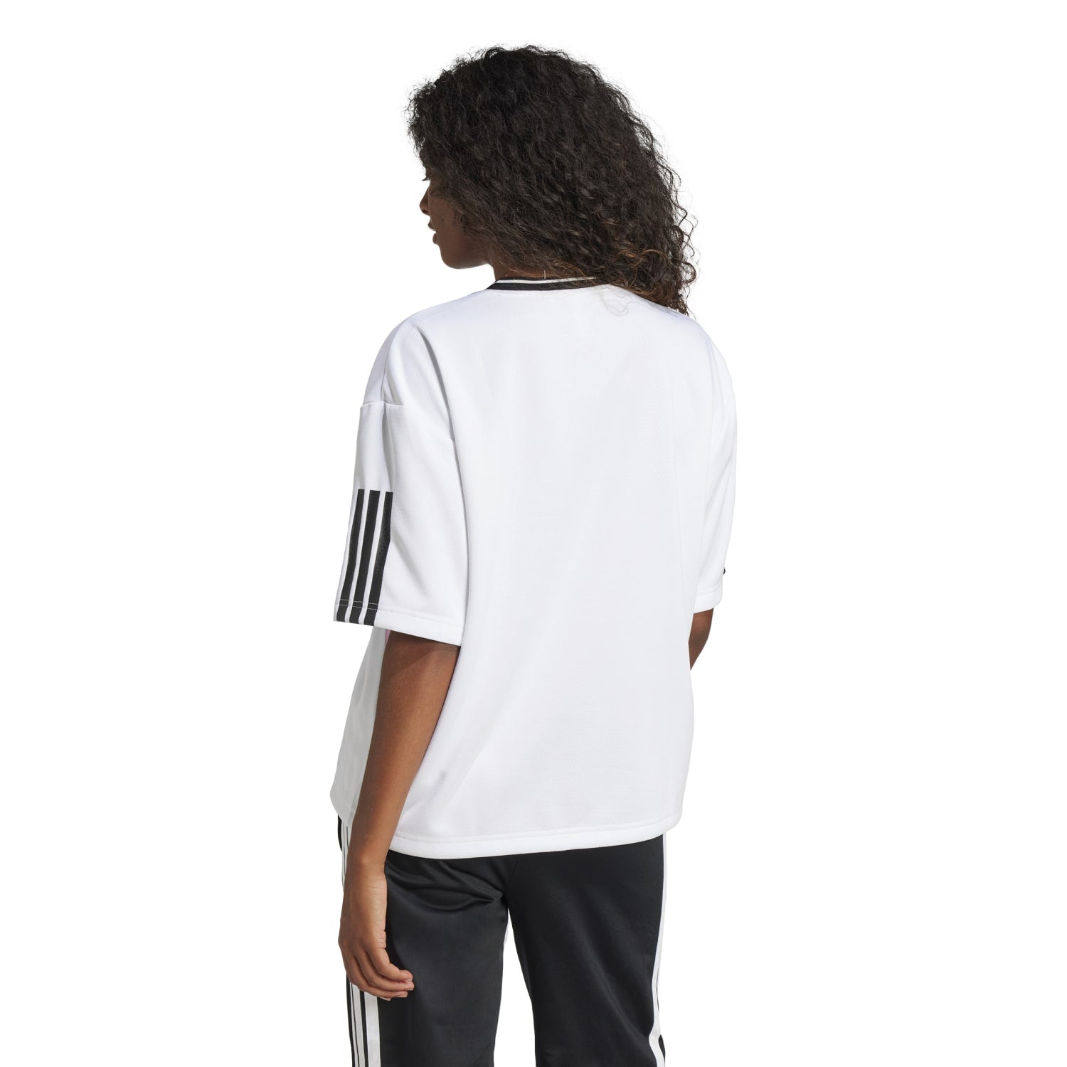 Front view of the adidas Tiro colorblock boyfriend tee, emphasizing the collar and colorblock design