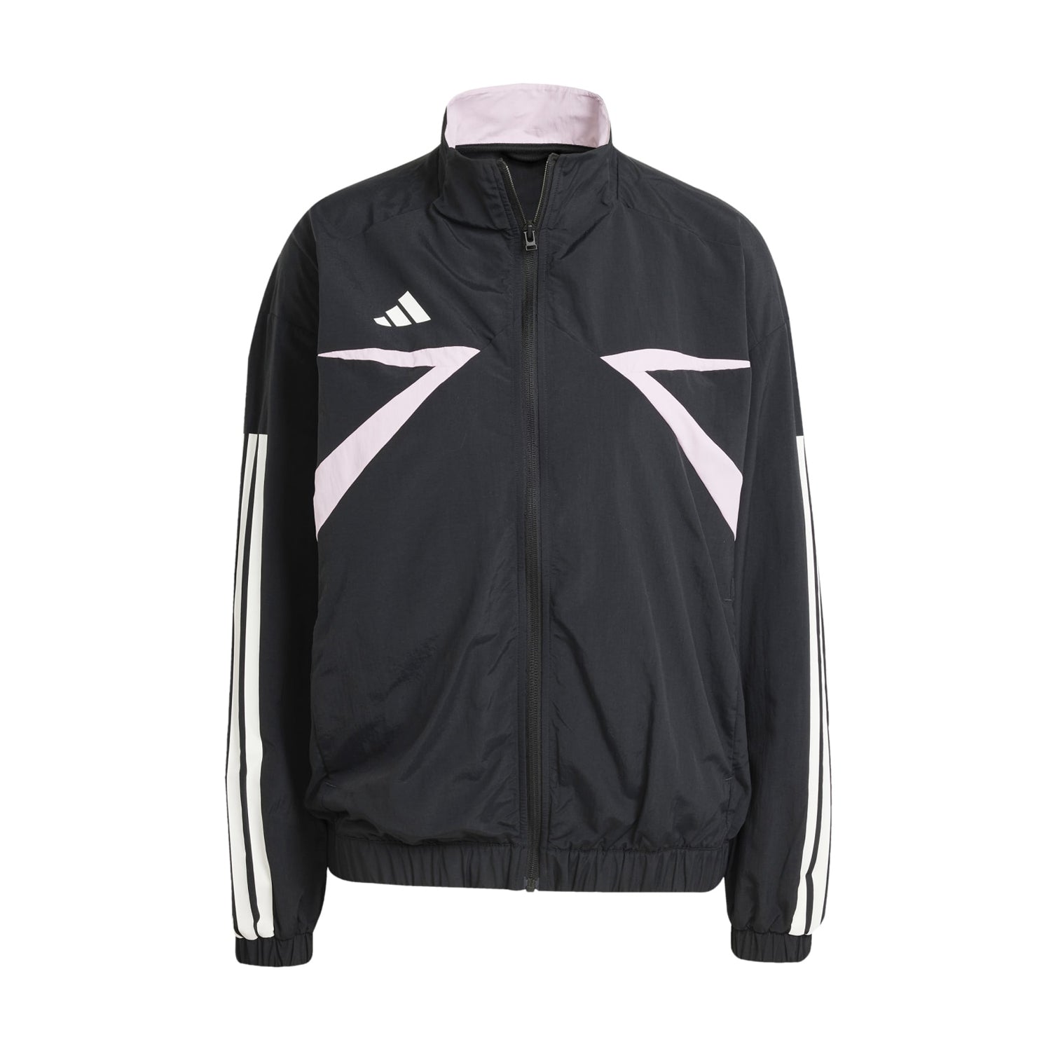 Front view of the Tiro Colorblock women's track jacket showing the stand collar and zip-up front