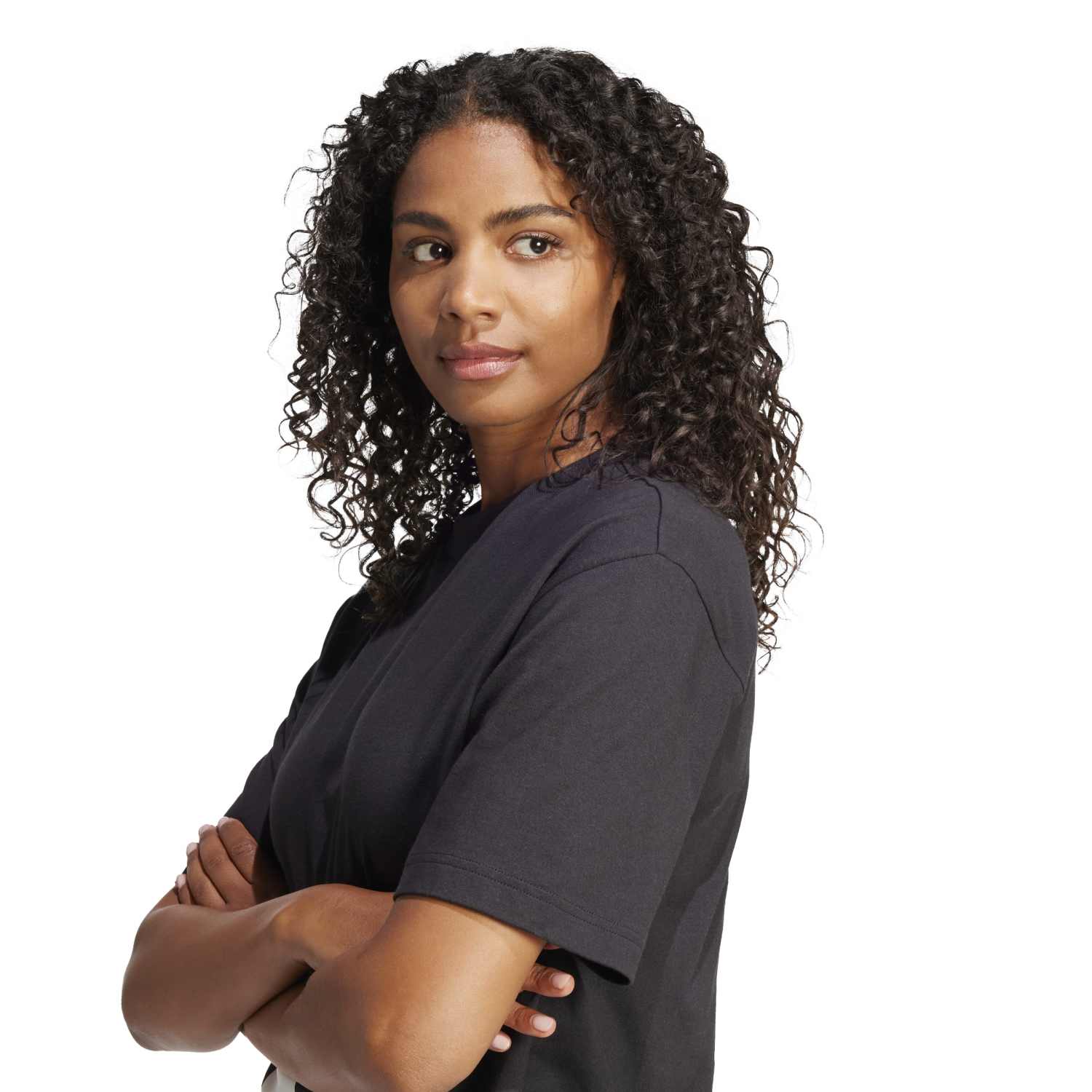Close-up of the raised rubber print logo and thick ribbed neckline