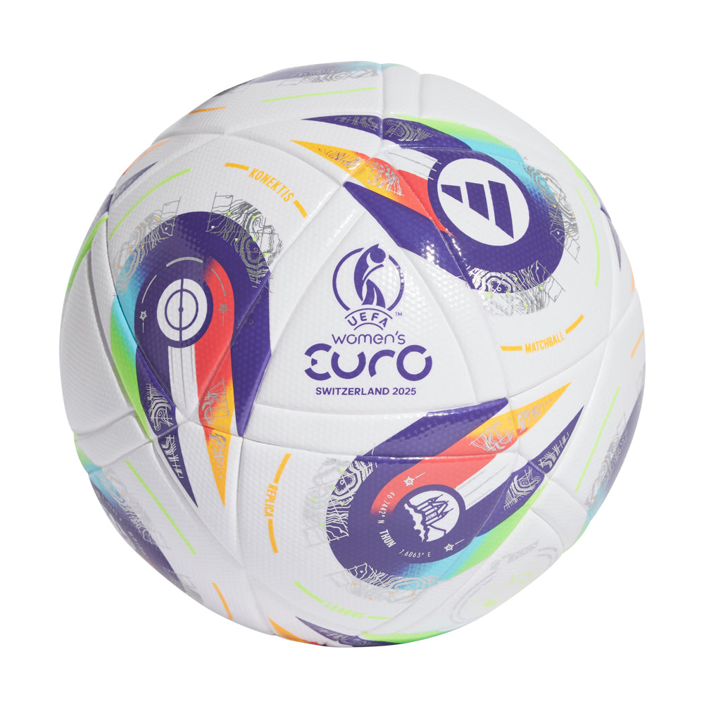 Close-up view of the 2025 UEFA Women's Euro League Soccer Ball, highlighting its intricate design.