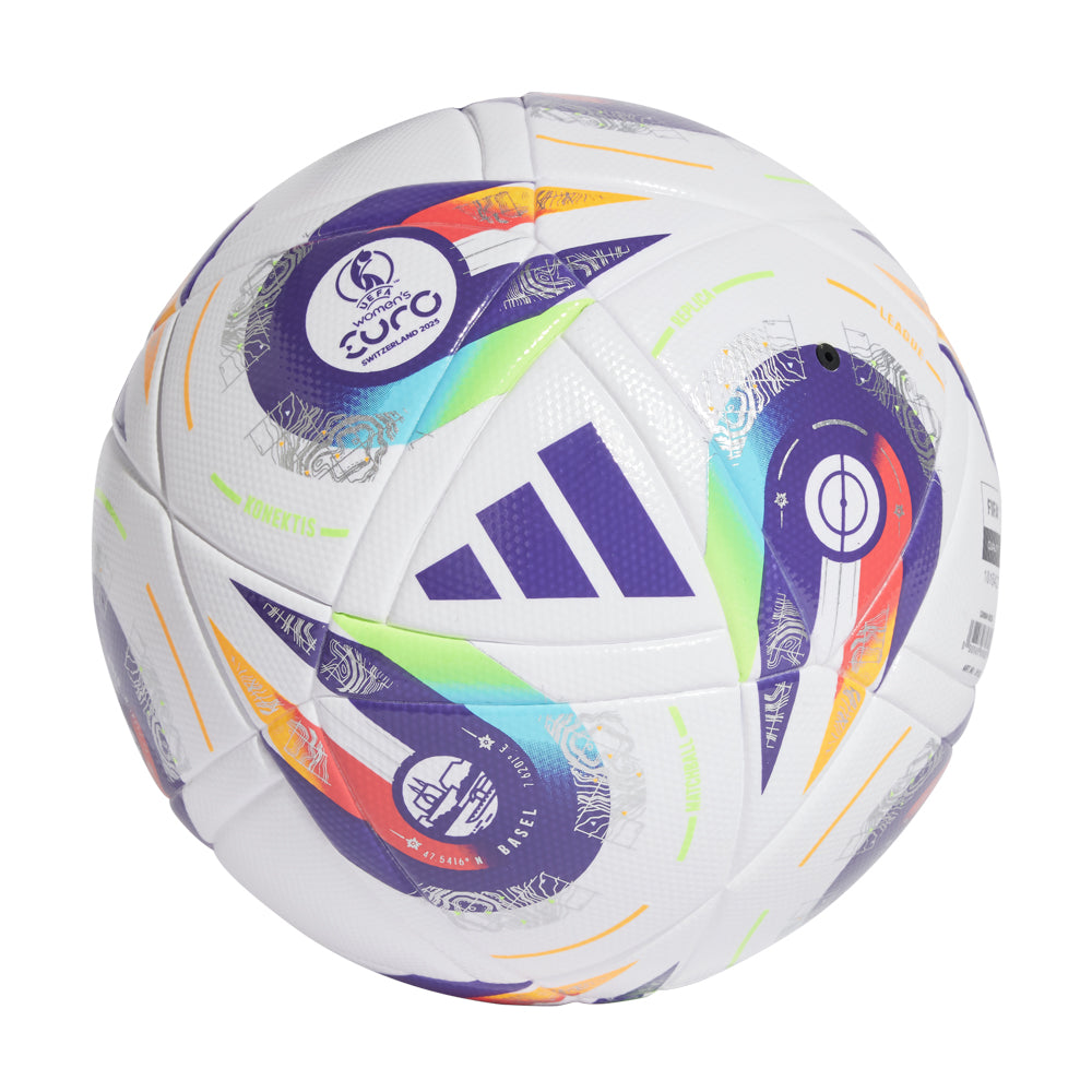 Action shot of the 2025 UEFA Womens Euro League Soccer Ball being kicked on the field during a match.