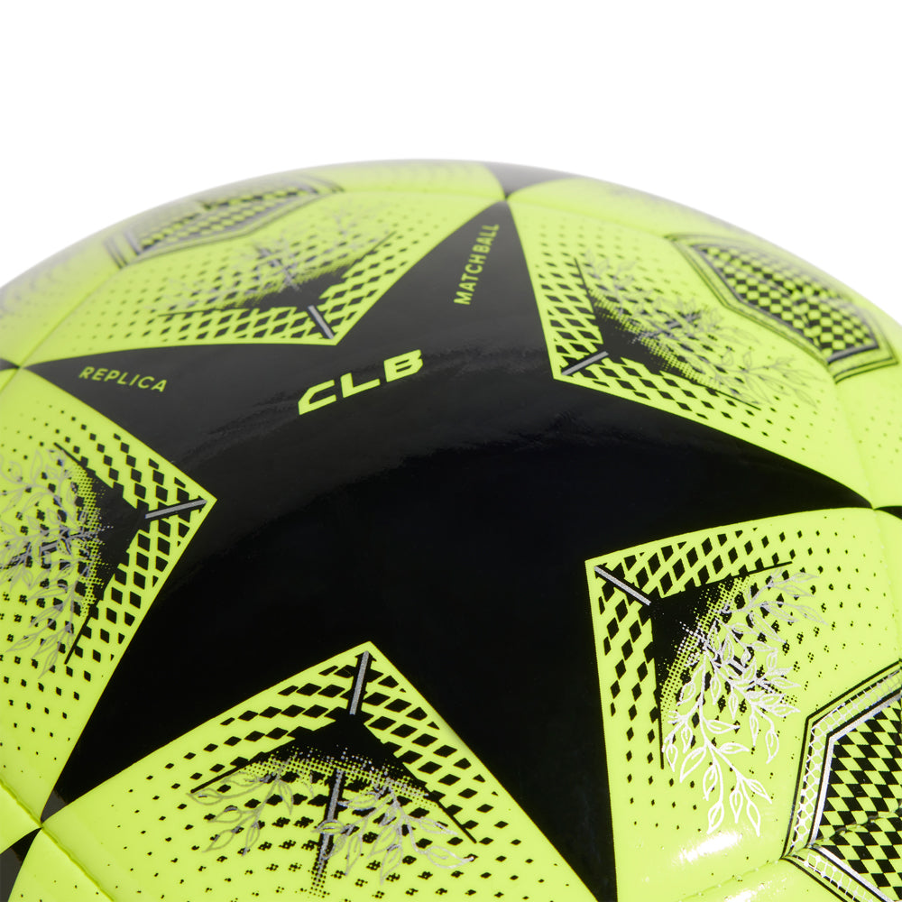 Close-up of the 2025 UEFA Champions League soccer ball showing detailed logo and texture