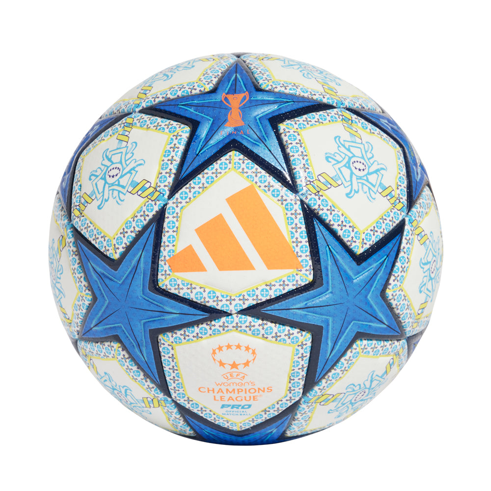 Close-up of the 2025 UEFA Women's Champions Pro Soccer Ball showcasing its design and FIFA quality.