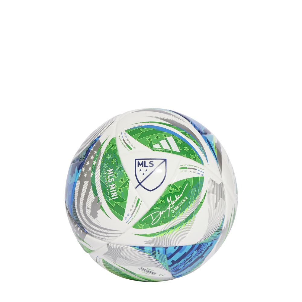 Close-up of adidas MLS 2025 Mini Soccer Ball showing vibrant color scheme and durable surface