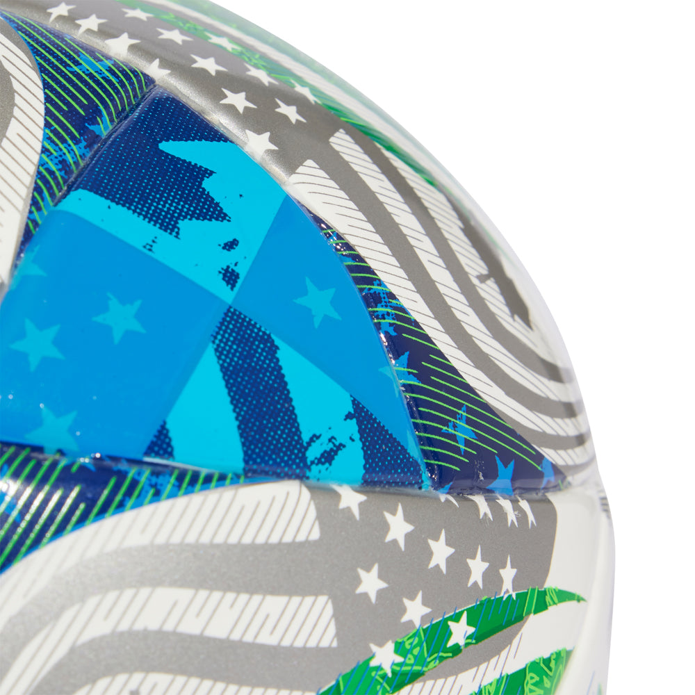 Close-up of adidas MLS 2025 Mini Soccer Ball showing vibrant color scheme and durable surface