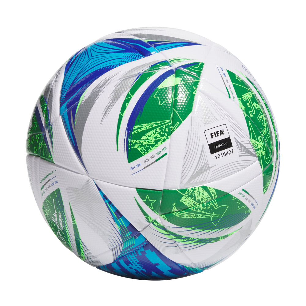 Close-up of the Adidas 2025 MLS NFHS League Soccer Ball showcasing its vibrant colors and heat-sealed panels.