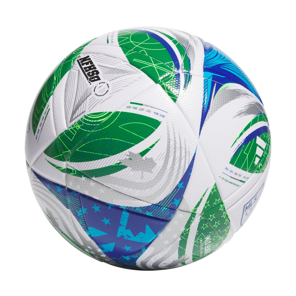 Adidas 2025 MLS NFHS League Soccer Ball being kicked on the field, demonstrating its durability and performance.
