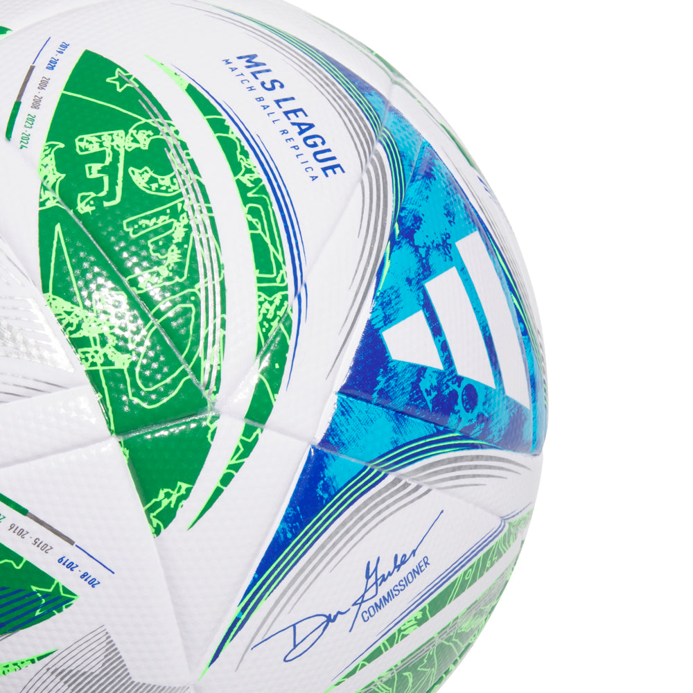 A player practicing with the Adidas 2025 MLS NFHS League Soccer Ball, highlighting its size and design.